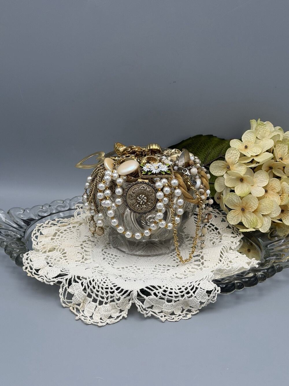Curated Jewelry Jar 45 Pc Wearable Mostly Vintage Monet Coro Antique EAPG Glass
